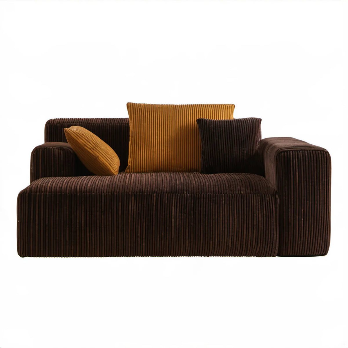 Dwuosobowa sofa z podłokietnikami z prążkowanego poliestru, ciemnobrązowa/musztardowa, 160 x 90 x 78 cm