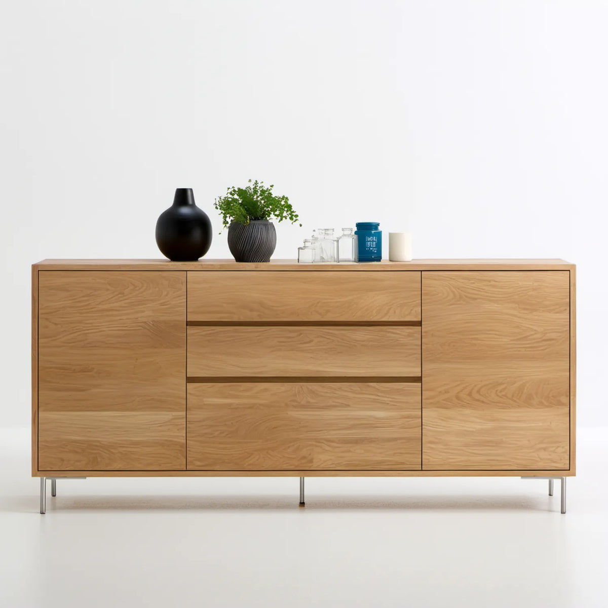 Komoda z litego drewna dębowego, naturalny dąb, 160 x 45 x 80 cm, 3 szuflady i 2 drzwi
