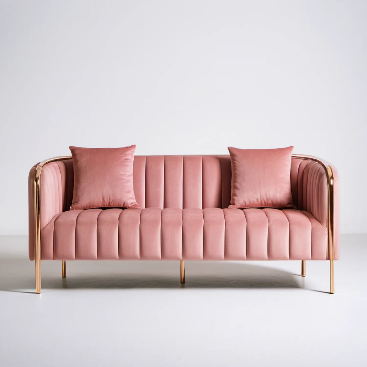 Dwuosobowa sofa półokrągła z aksamitu poliestrowego, różowo-złota, 160 x 80 x 78 cm