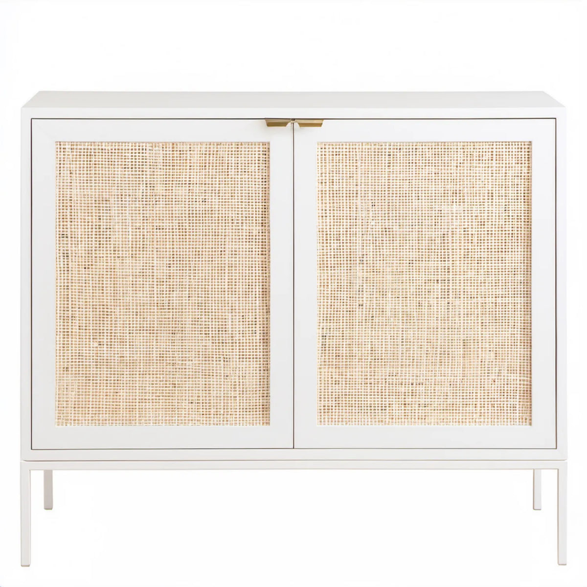 Biała szafka z plecionką rattanową i złotymi uchwytami 120 x 40 x 90 cm