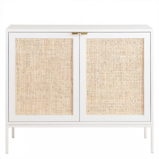 Biała szafka z plecionką rattanową i złotymi uchwytami 120 x 40 x 90 cm