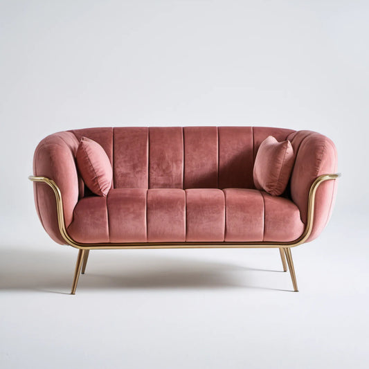 Dwuosobowa sofa owalna z aksamitną tapicerką, pudroworóżowa/złota, 160 x 80 x 82 cm