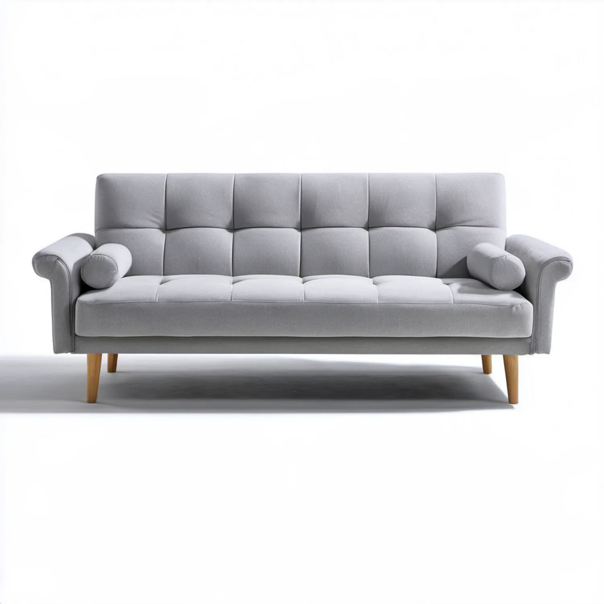 Trzyosobowa sofa z aksamitu poliestrowego, szara z nogami w naturalnym brązie, 210 × 88 × 88 cm