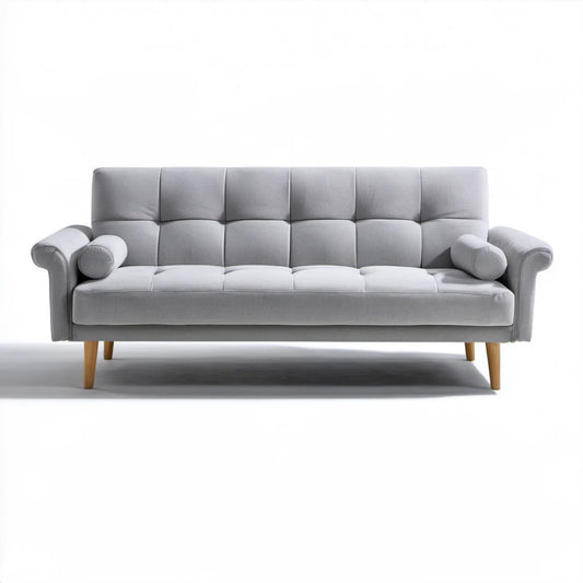 Trzyosobowa sofa z aksamitu poliestrowego, szara z nogami w naturalnym brązie, 210 × 88 × 88 cm