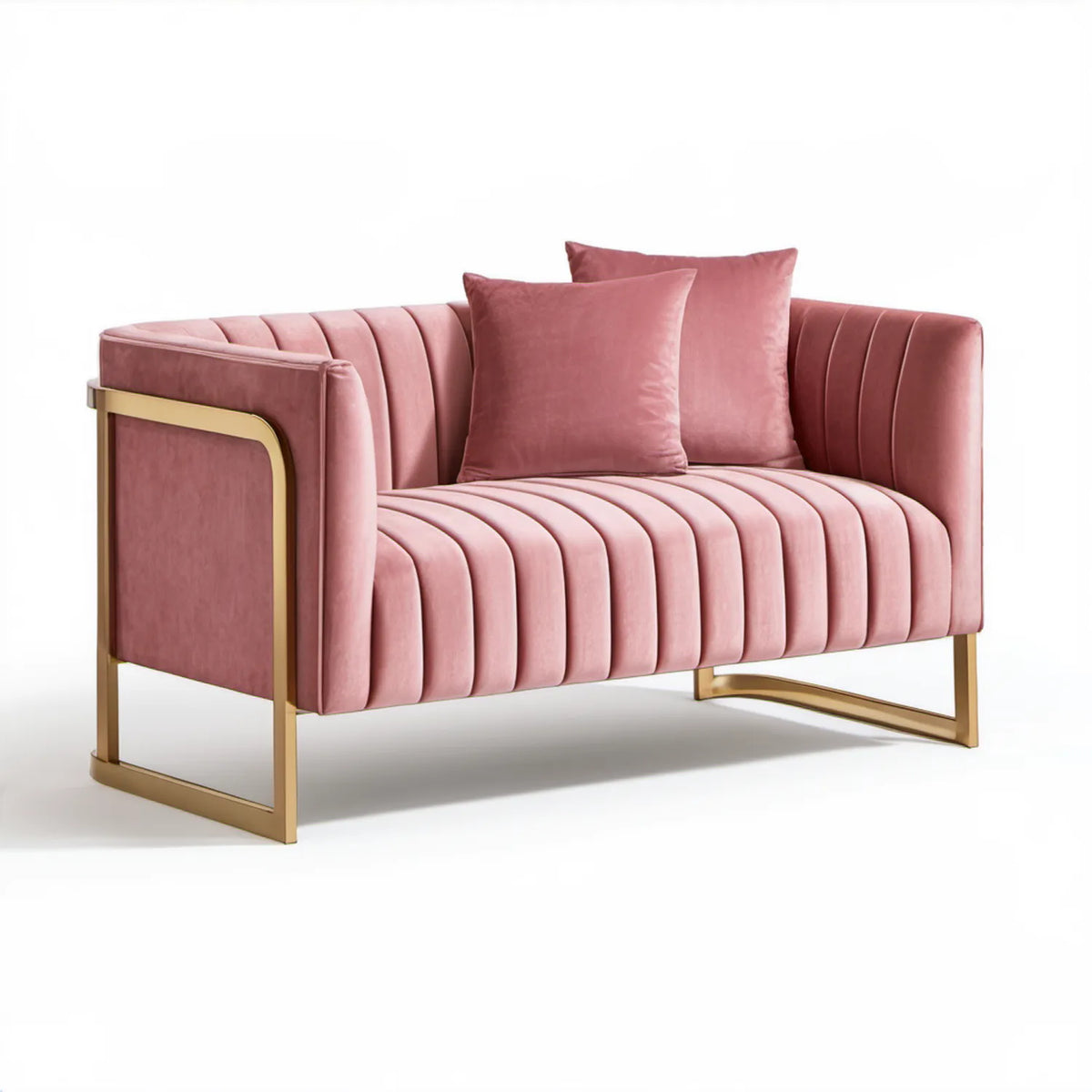 Różowa sofa dwuosobowa z aksamitną tapicerką i złotą podstawą, 160 x 83 x 78 cm