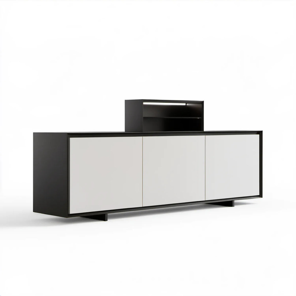 Czarno-biała konstrukcja z 3 frontami i modułem górnym LED, 180 x 40 x 95 cm