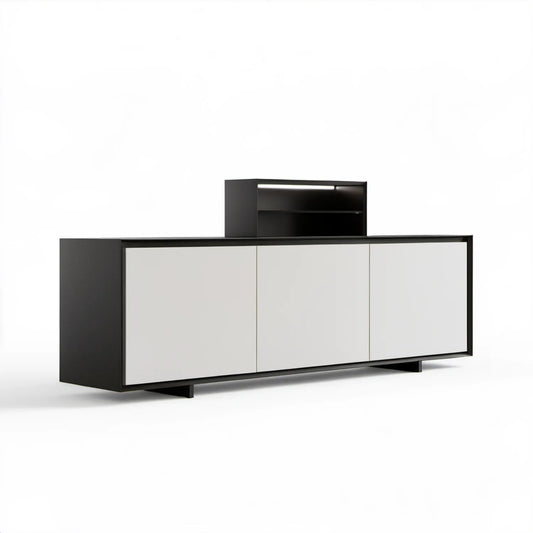 Czarno-biała konstrukcja z 3 frontami i modułem górnym LED, 180 x 40 x 95 cm