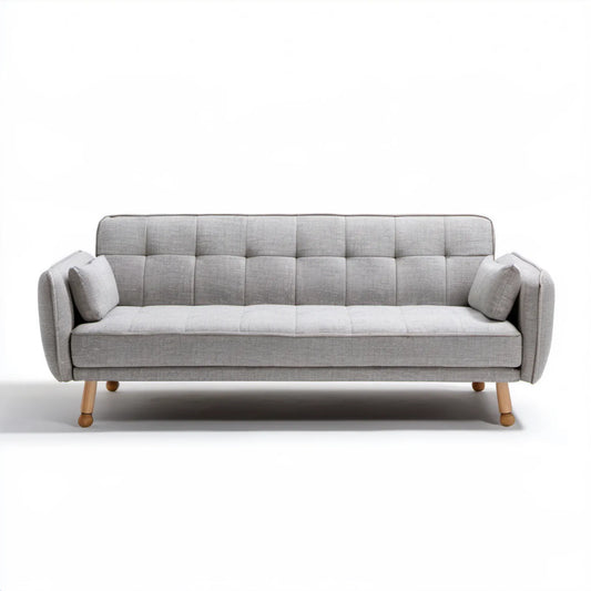 Trzyosobowa sofa tapicerowana jasnoszara z brązowymi nogami, 220 x 90 x 85 cm