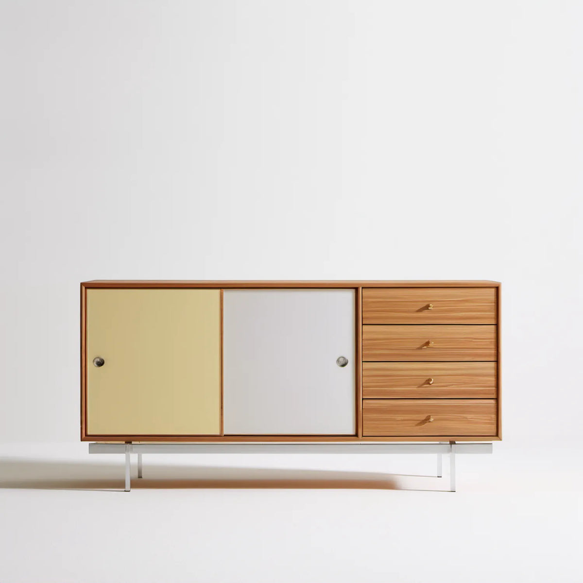 Komoda do salonu z przesuwnymi frontami i 4 szufladami, MDF, fornir orzechowy, 180 × 45 × 85 cm, żółto-biało-orzechowo-srebrna