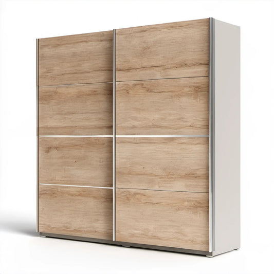 Szafa przesuwna 180 x 60 x 215 cm, dąb jasny, biała, z aluminiowymi profilami